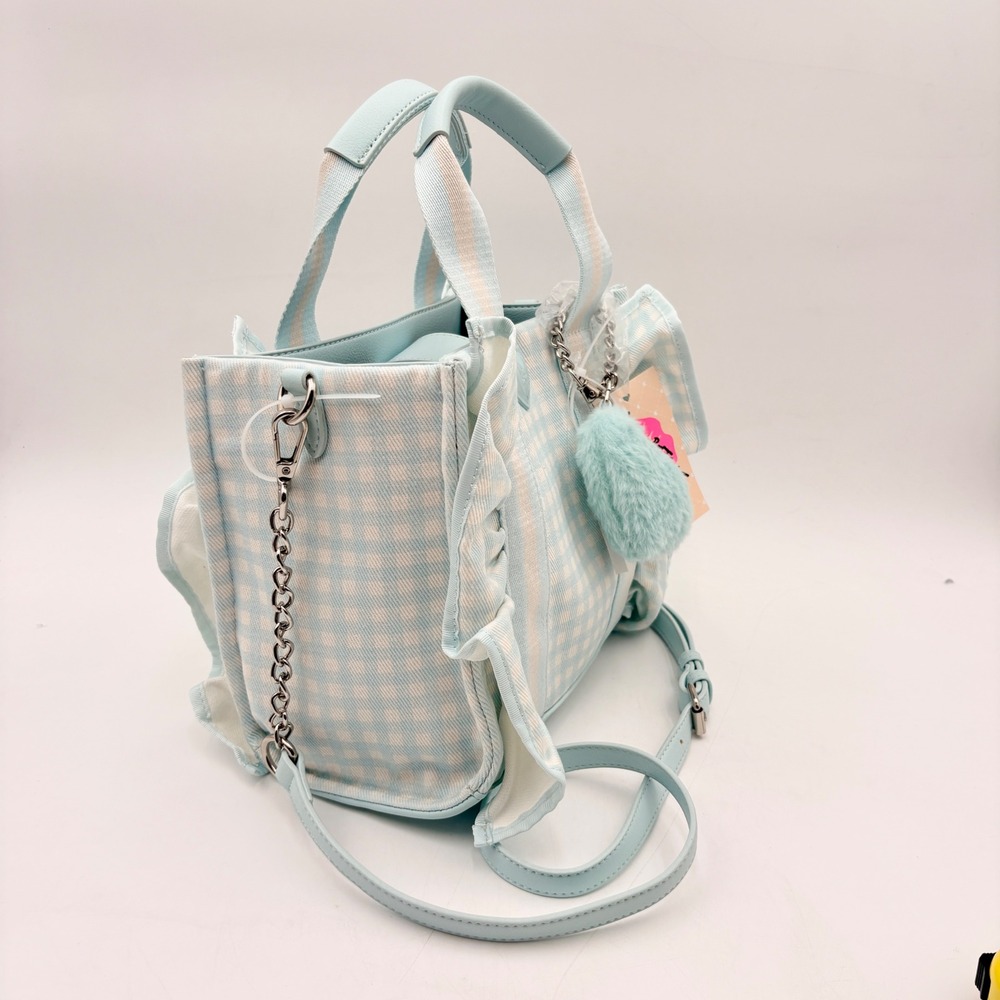 Luv Betsey Johnson Gingham LBRUFFLE Crossbody Tote Bag Blue White Heart Charm - Picture 2 of 12
